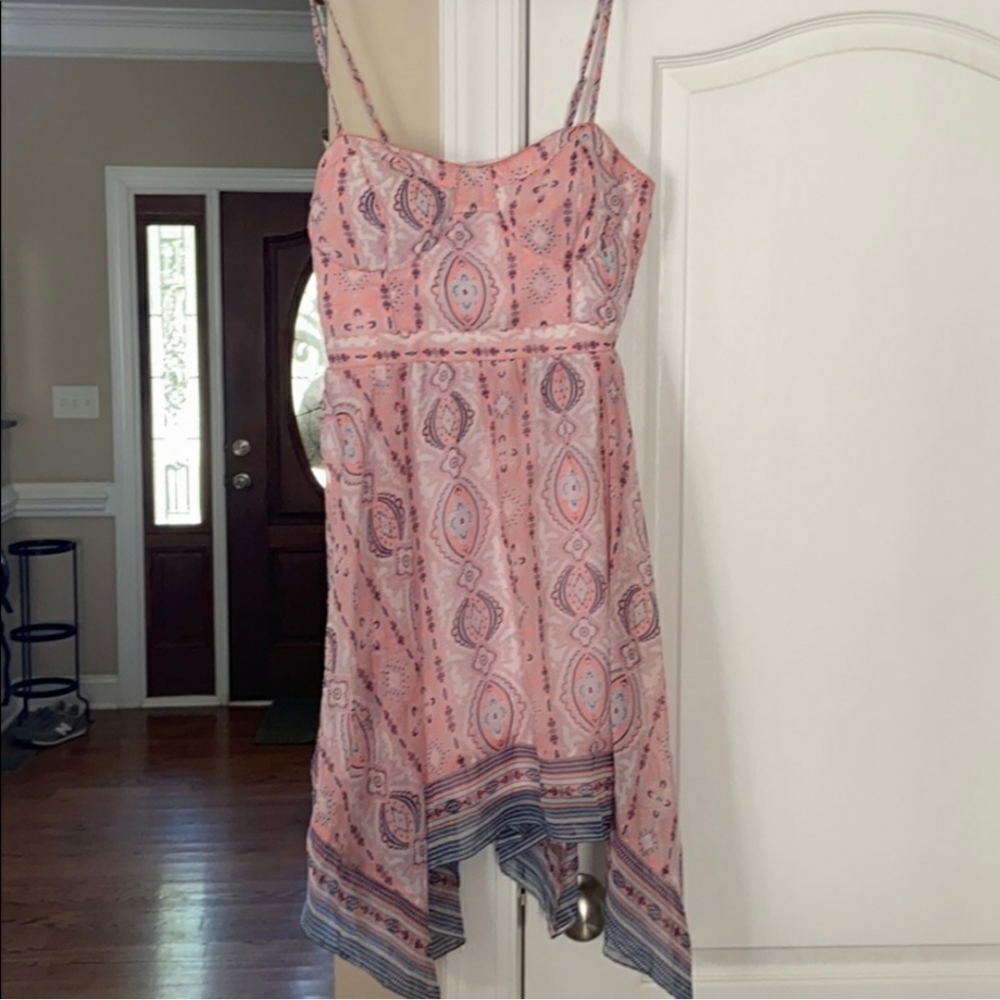 pink printed high low, spaghetti strapped dress